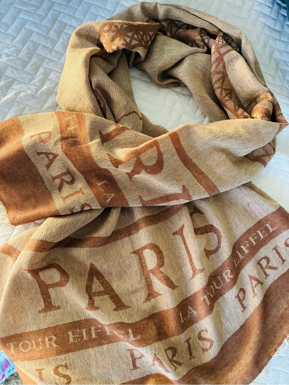 Paris Eiffel Tower Reversible Scarf Shawl Wrap Brown Beige Fringe Oversized